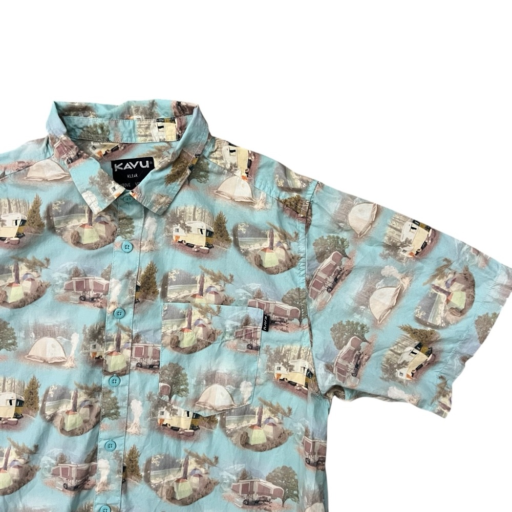 Kavu The Jam Shirt Car Camp Short Sleeve Button Up 100% Cotton Blue Men’s Large